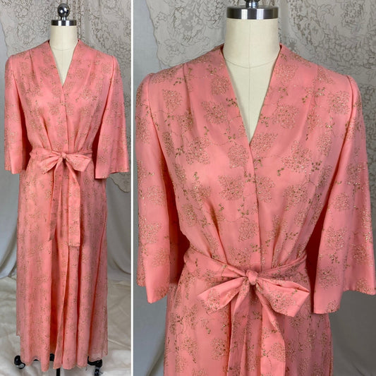 Vintage 1960's Robe | Rich Coral Pink Silk Chiffon over Nylon with Gold Threading | Size S, M, LG | Malouf Designs - Daggers & Dames