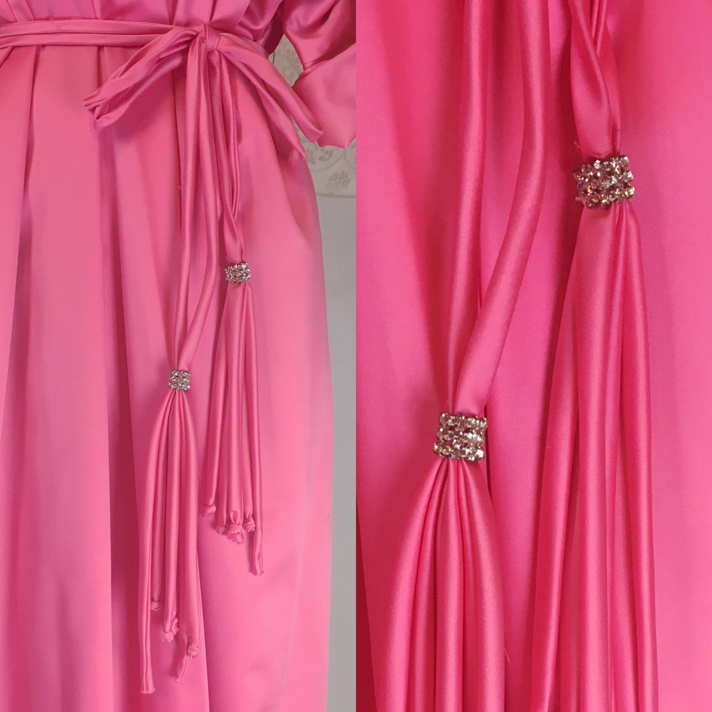 Vintage 1960's Robe | Size Free | Hot Pink Satin with Lime Green Nylon & Rhinestone Sash | Lucie Ann, Beverly Hills - Daggers & Dames