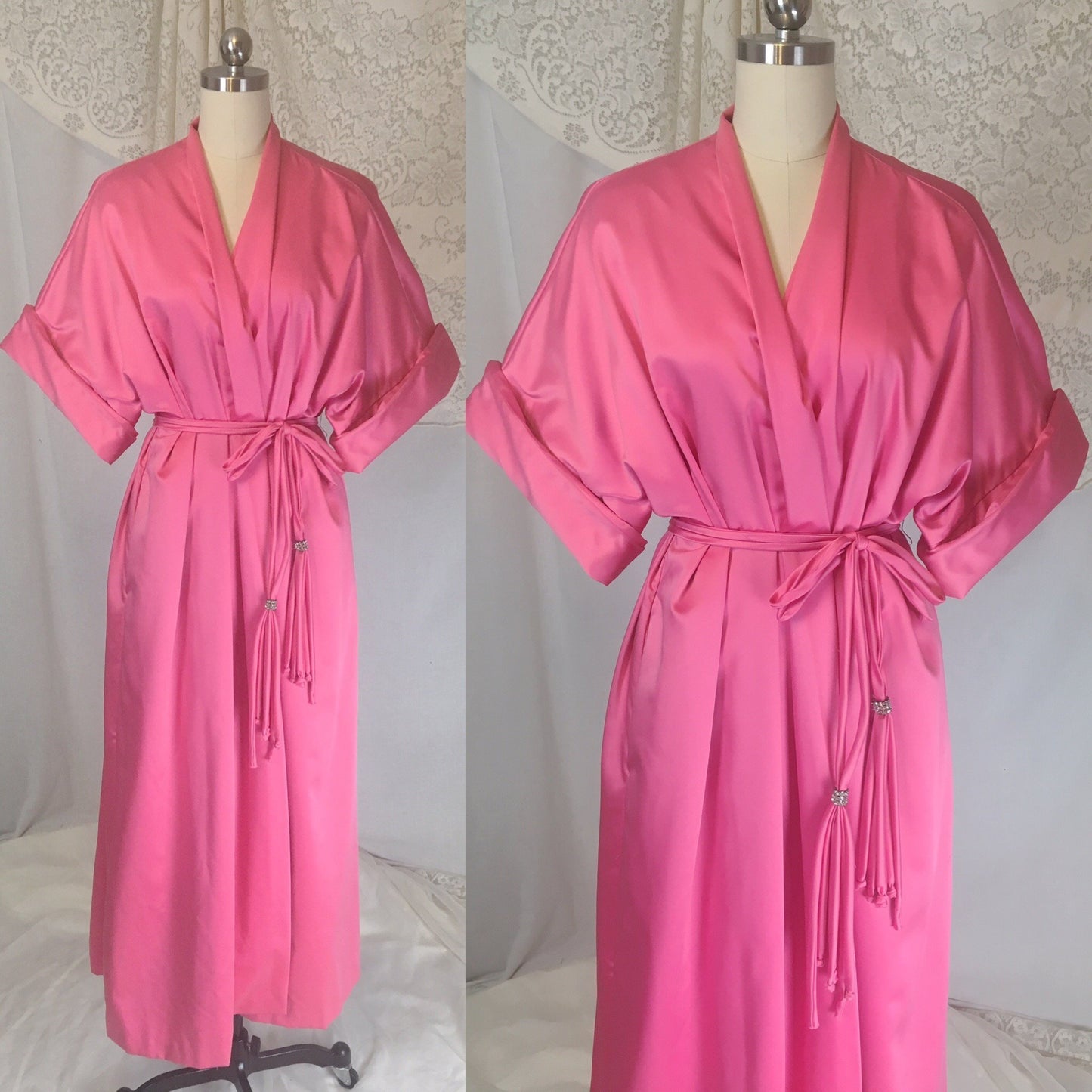 Vintage 1960's Robe | Size Free | Hot Pink Satin with Lime Green Nylon & Rhinestone Sash | Lucie Ann, Beverly Hills - Daggers & Dames
