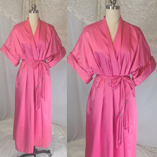 Vintage 1960's Robe | Size Free | Hot Pink Satin with Lime Green Nylon & Rhinestone Sash | Lucie Ann, Beverly Hills - Daggers & Dames
