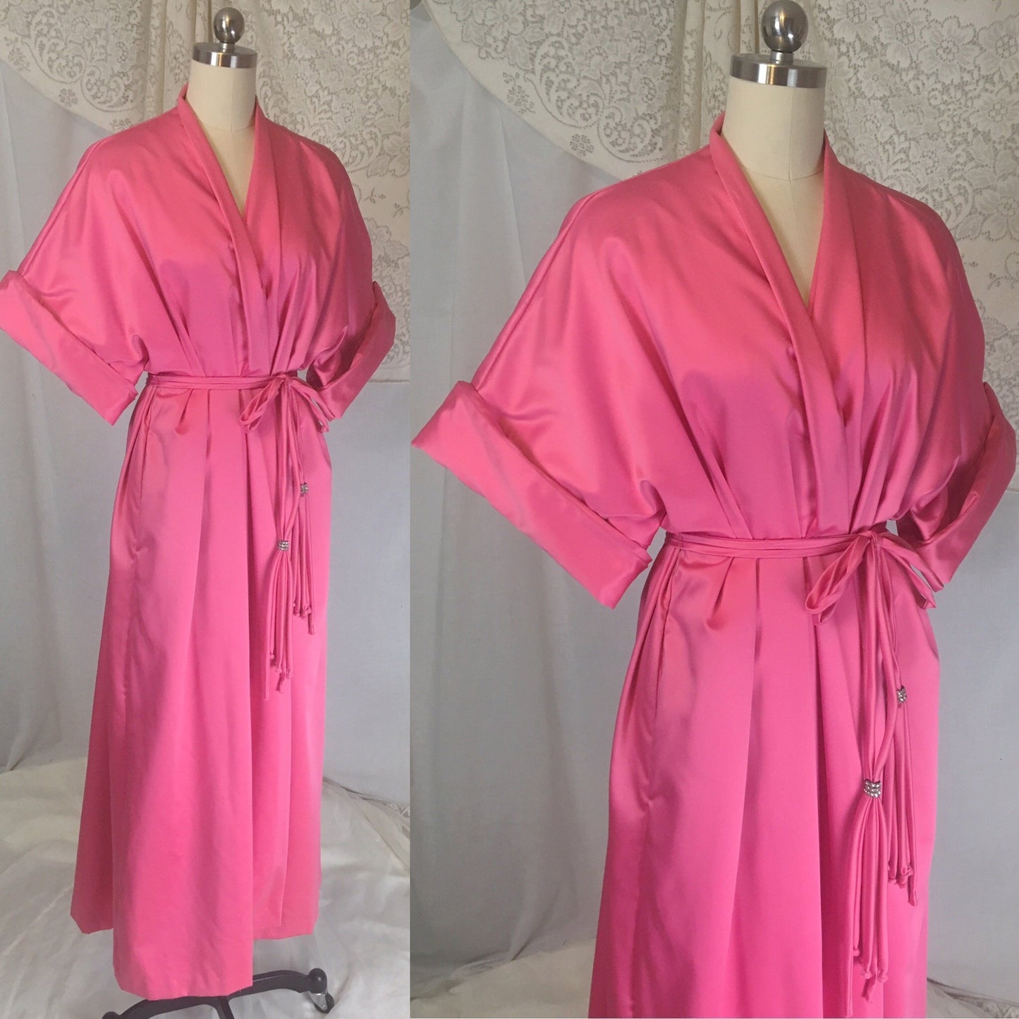Vintage 1960's Robe | Size Free | Hot Pink Satin with Lime Green Nylon & Rhinestone Sash | Lucie Ann, Beverly Hills - Daggers & Dames