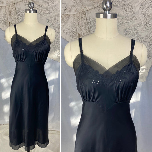 Vintage 1960's Slip | Black Nylon Blend Satin with Embroidery & Chiffon Edging | Size S | Fischer Heavenly Lingerie - Daggers & Dames