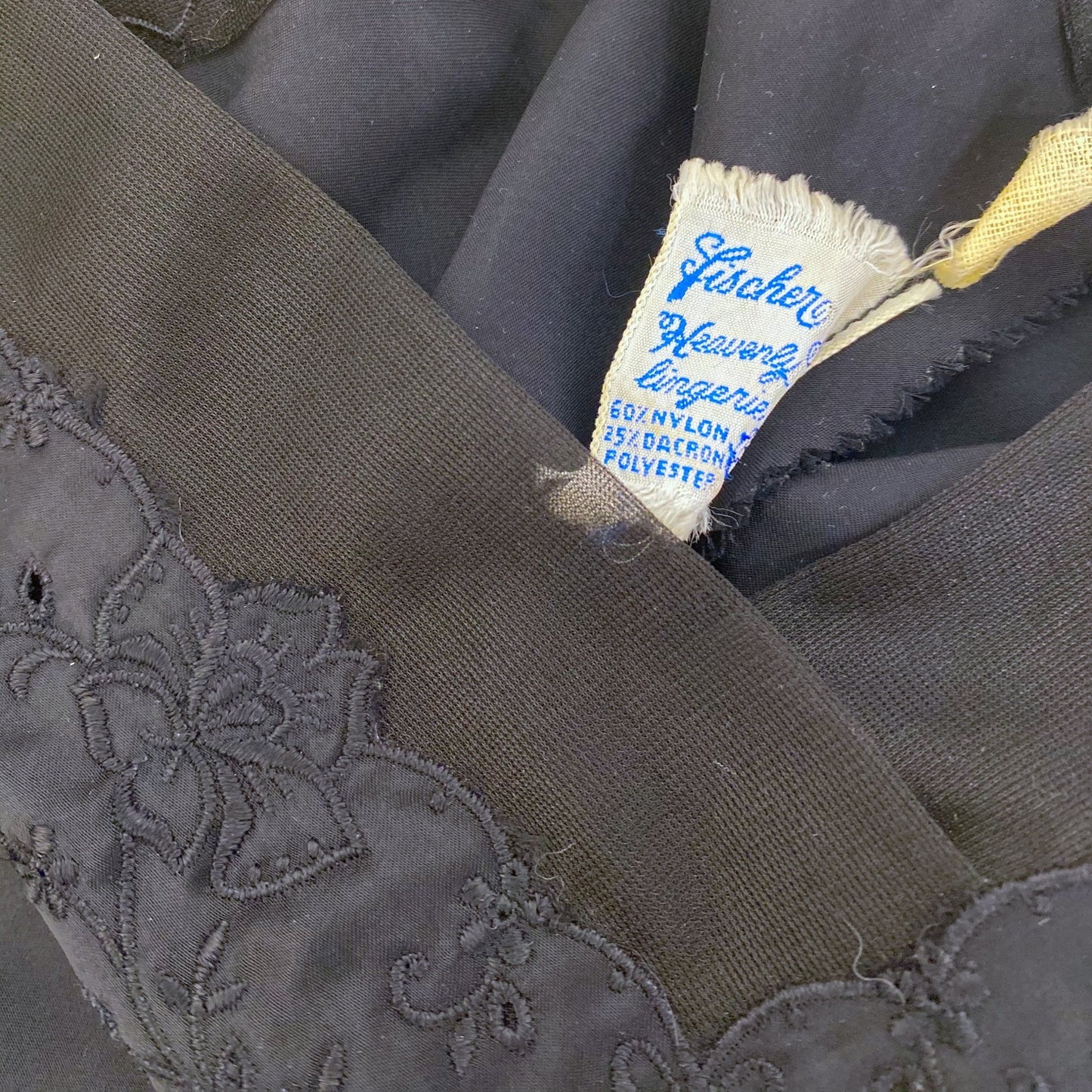 Vintage 1960's Slip | Black Nylon Blend Satin with Embroidery & Chiffon Edging | Size S | Fischer Heavenly Lingerie - Daggers & Dames