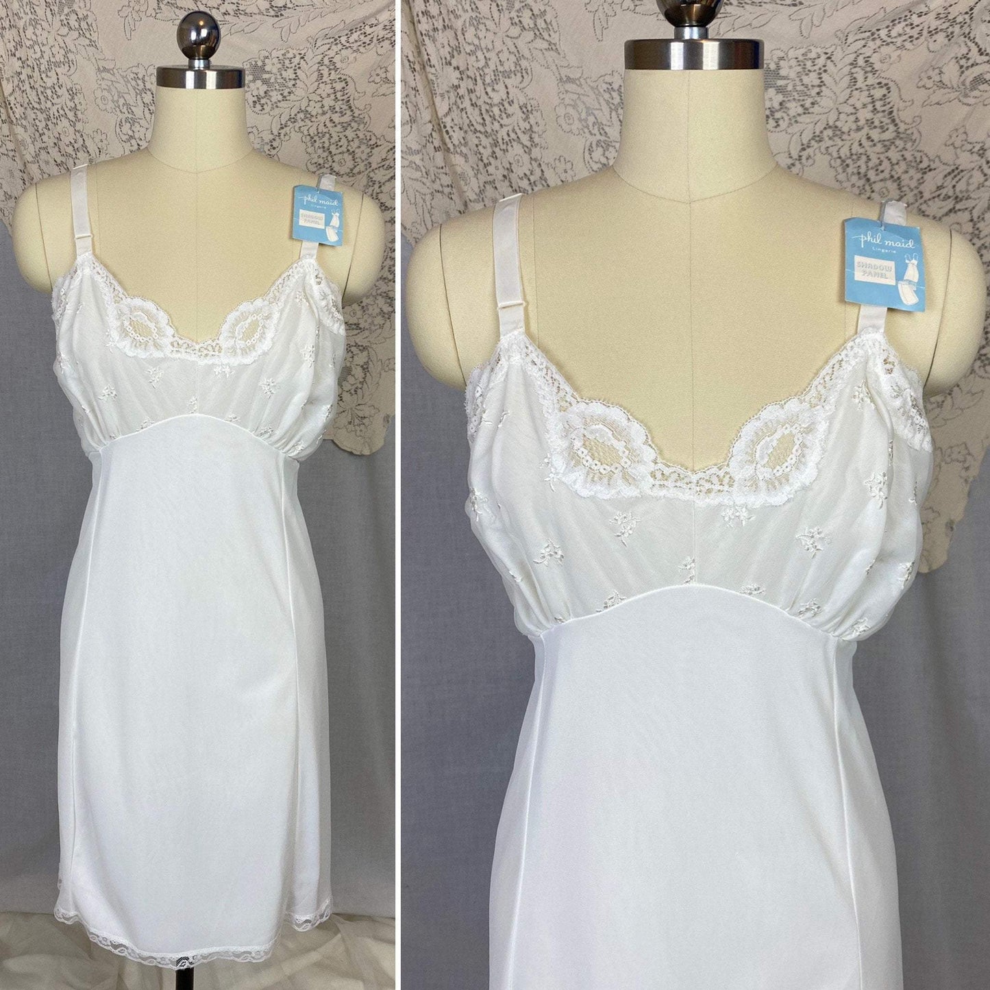 Vintage 1960's Slip | Bright White Nylon with Lace Appliques | Size 38-44 Bust, M/LG - Daggers & Dames