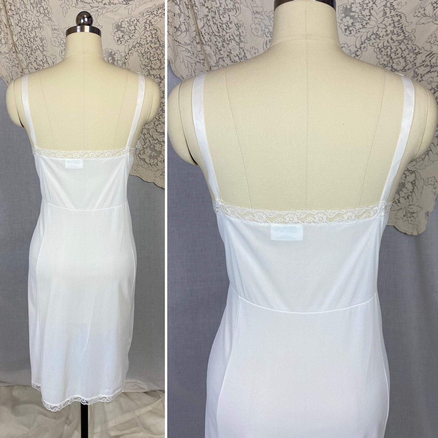Vintage 1960's Slip | Bright White Nylon with Lace Appliques | Size 38-44 Bust, M/LG - Daggers & Dames
