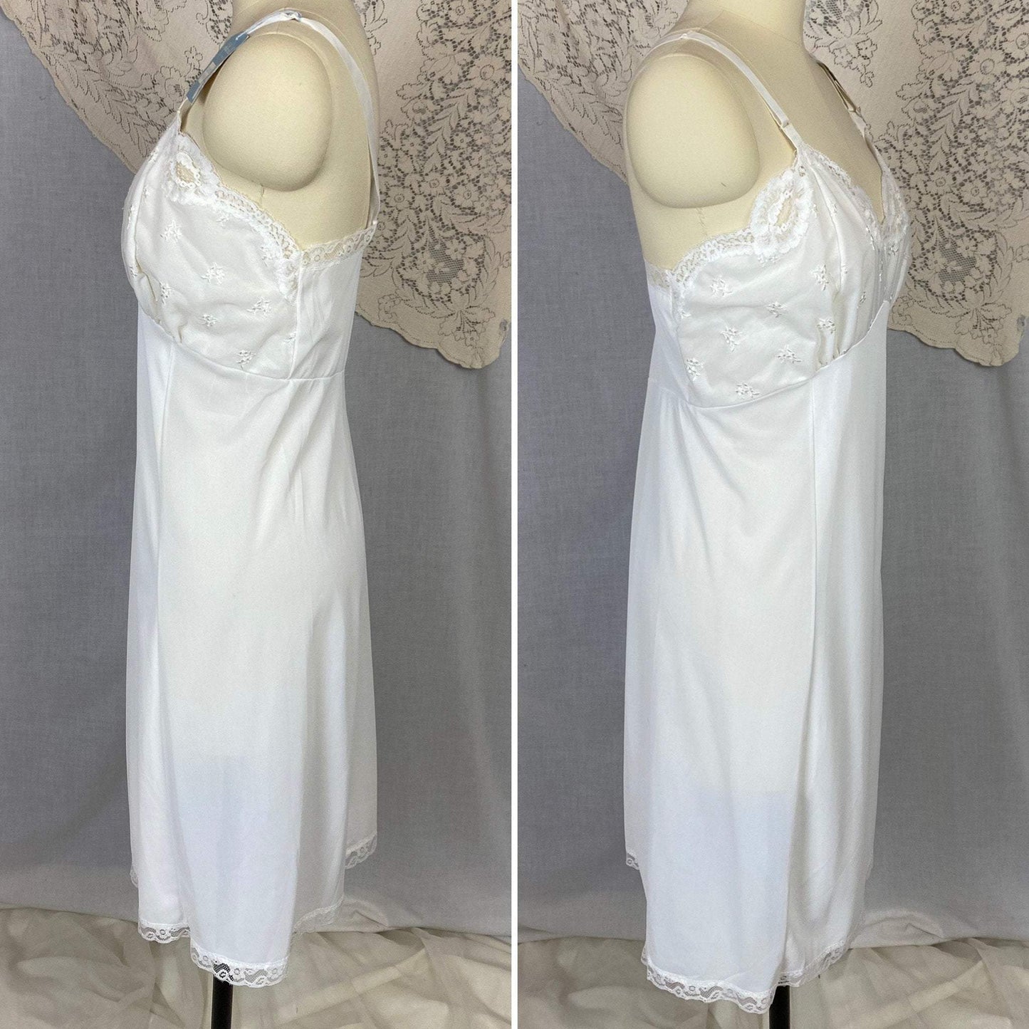 Vintage 1960's Slip | Bright White Nylon with Lace Appliques | Size 38-44 Bust, M/LG - Daggers & Dames