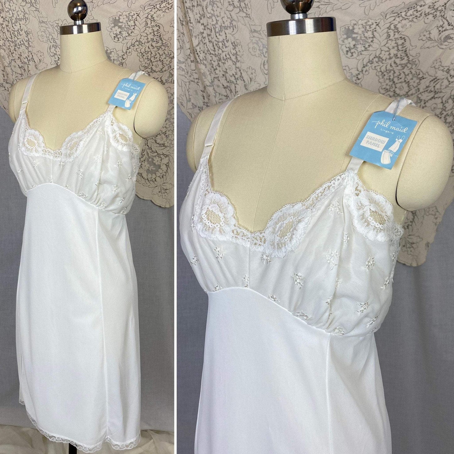 Vintage 1960's Slip | Bright White Nylon with Lace Appliques | Size 38-44 Bust, M/LG - Daggers & Dames