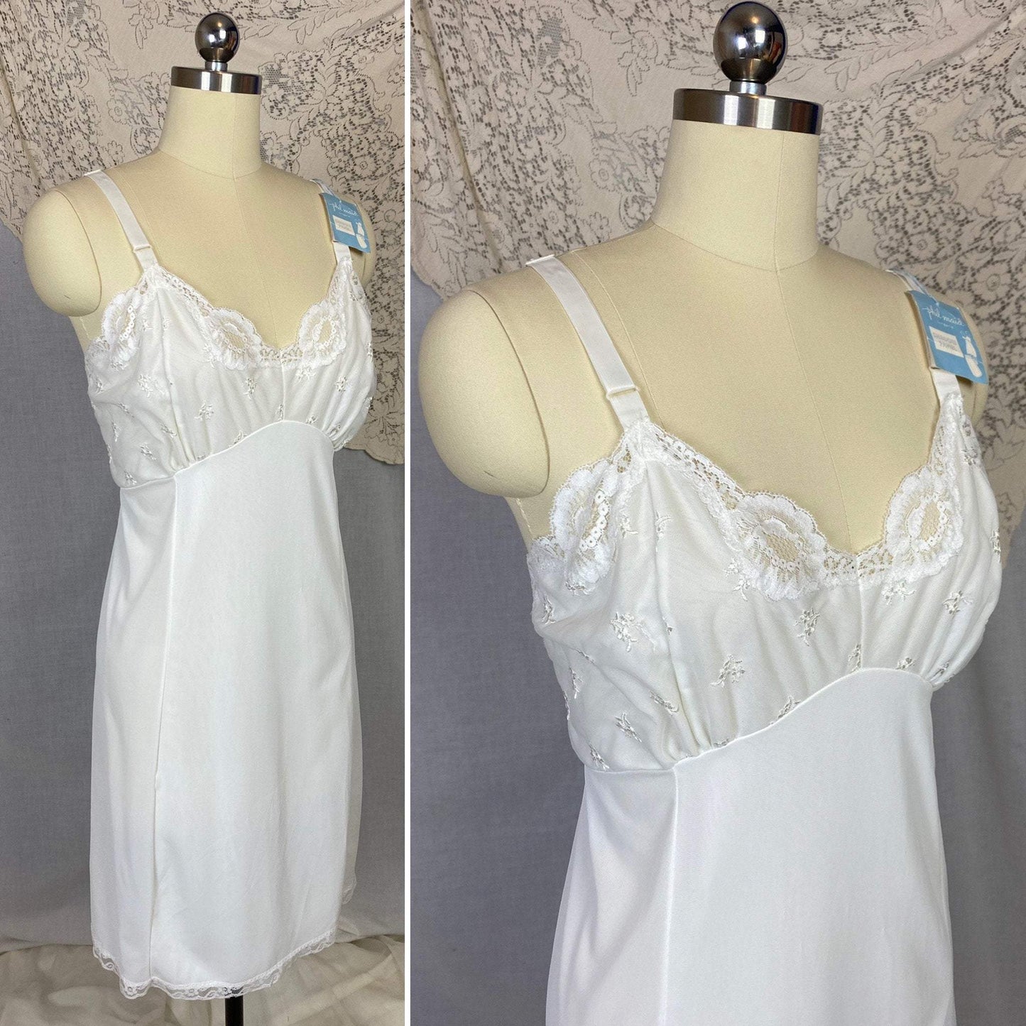 Vintage 1960's Slip | Bright White Nylon with Lace Appliques | Size 38-44 Bust, M/LG - Daggers & Dames