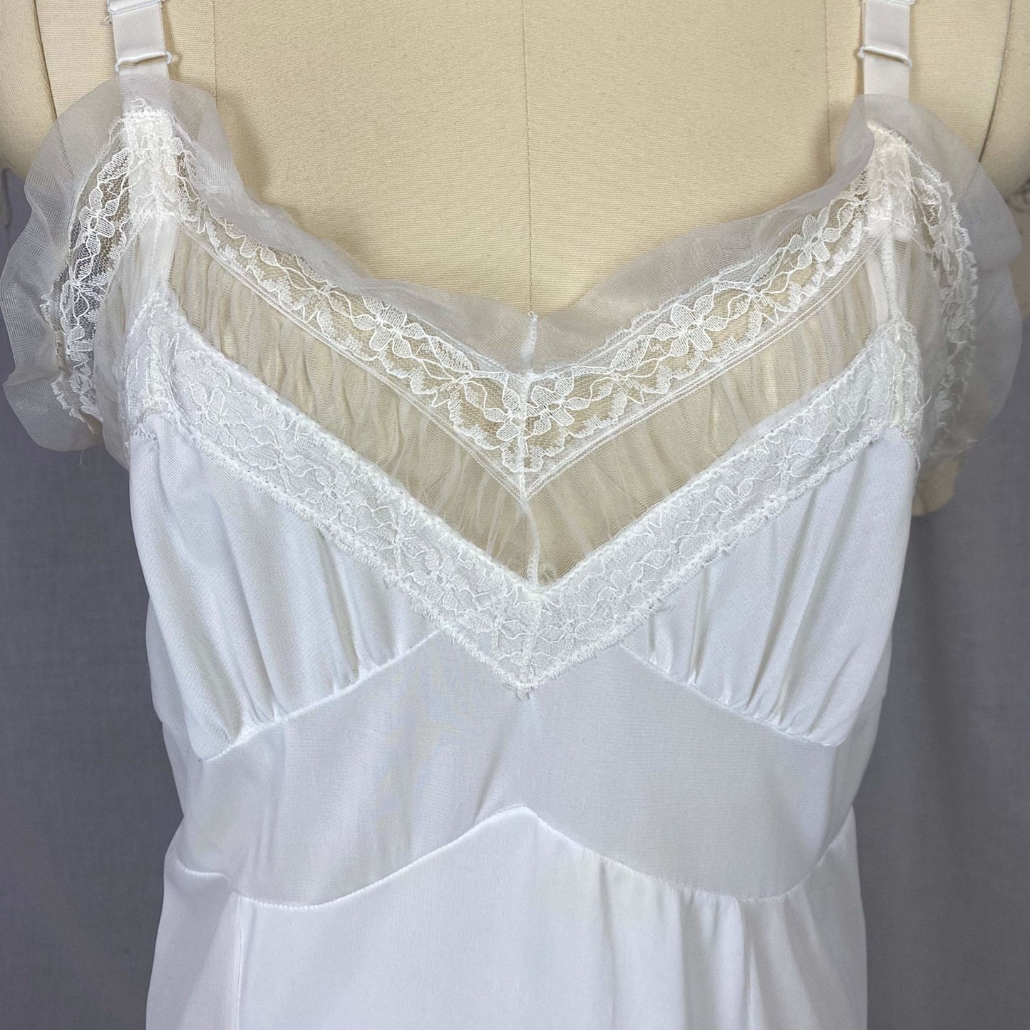 Vintage 1960's Slip | Bright White Nylon with Lace & Chiffon Ruffles | Size 38-42 Bust, M/LG | Glencraft -Never Worn - Daggers & Dames