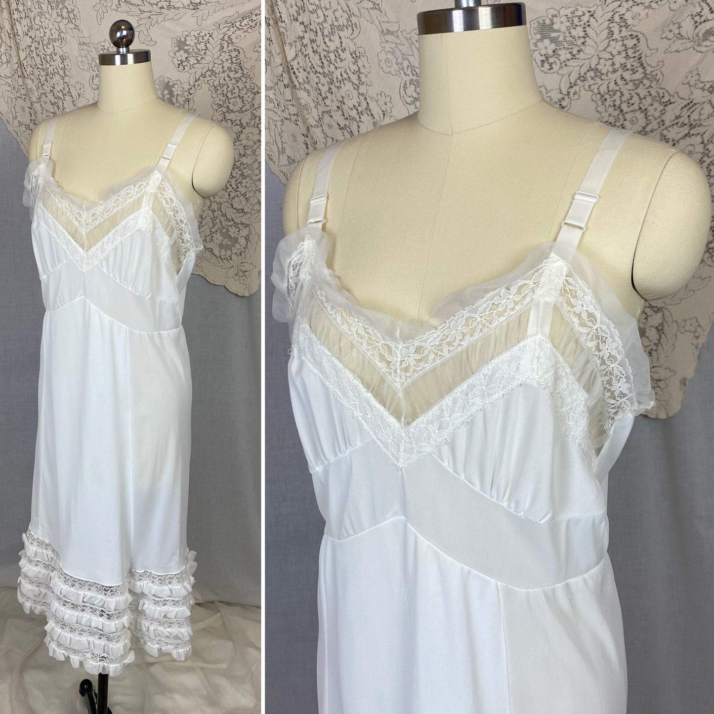 Vintage 1960's Slip | Bright White Nylon with Lace & Chiffon Ruffles | Size 38-42 Bust, M/LG | Glencraft -Never Worn - Daggers & Dames
