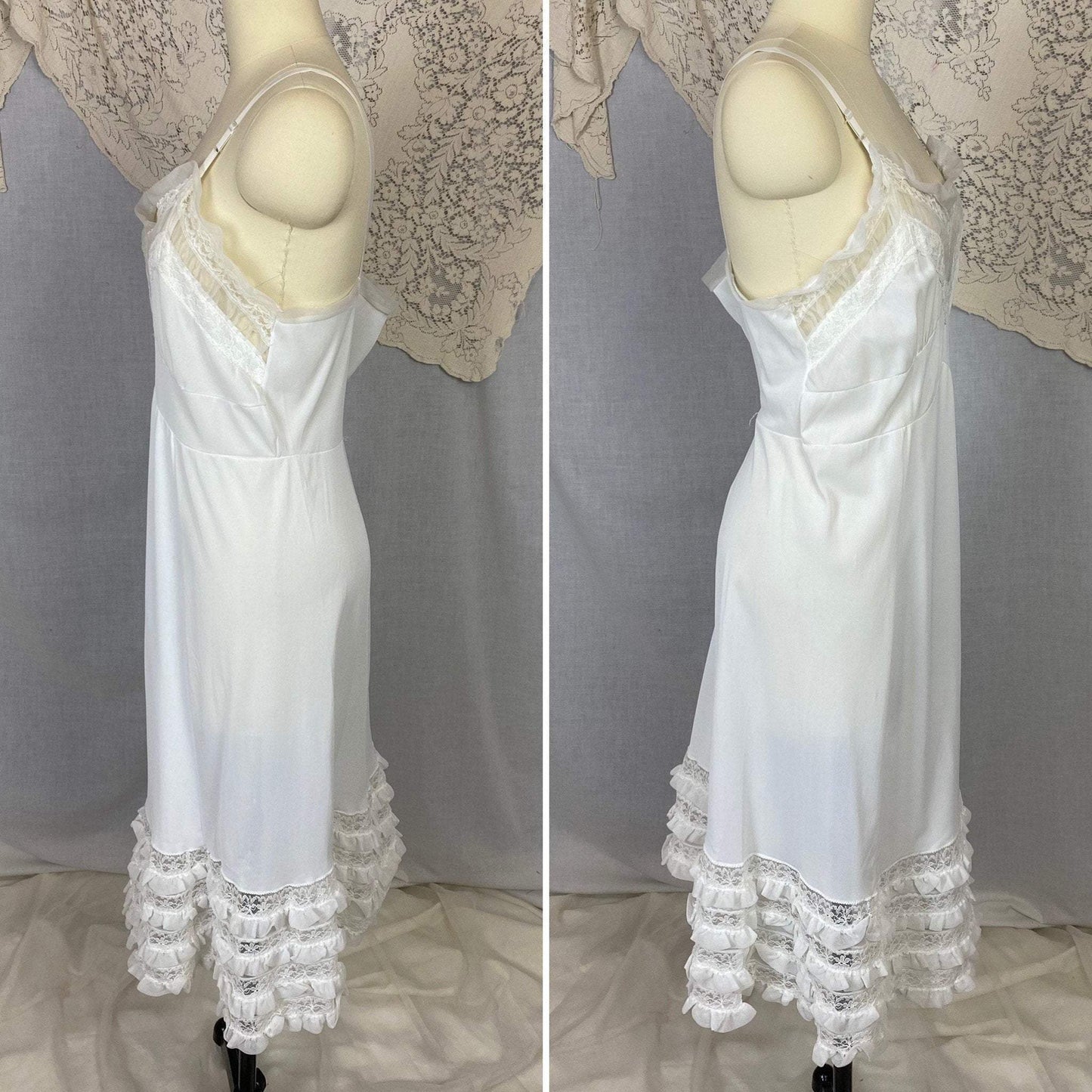 Vintage 1960's Slip | Bright White Nylon with Lace & Chiffon Ruffles | Size 38-42 Bust, M/LG | Glencraft -Never Worn - Daggers & Dames