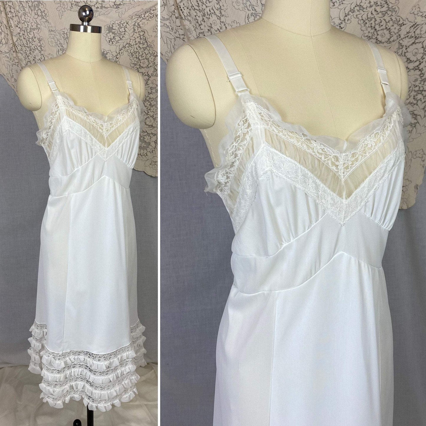 Vintage 1960's Slip | Bright White Nylon with Lace & Chiffon Ruffles | Size 38-42 Bust, M/LG | Glencraft -Never Worn - Daggers & Dames