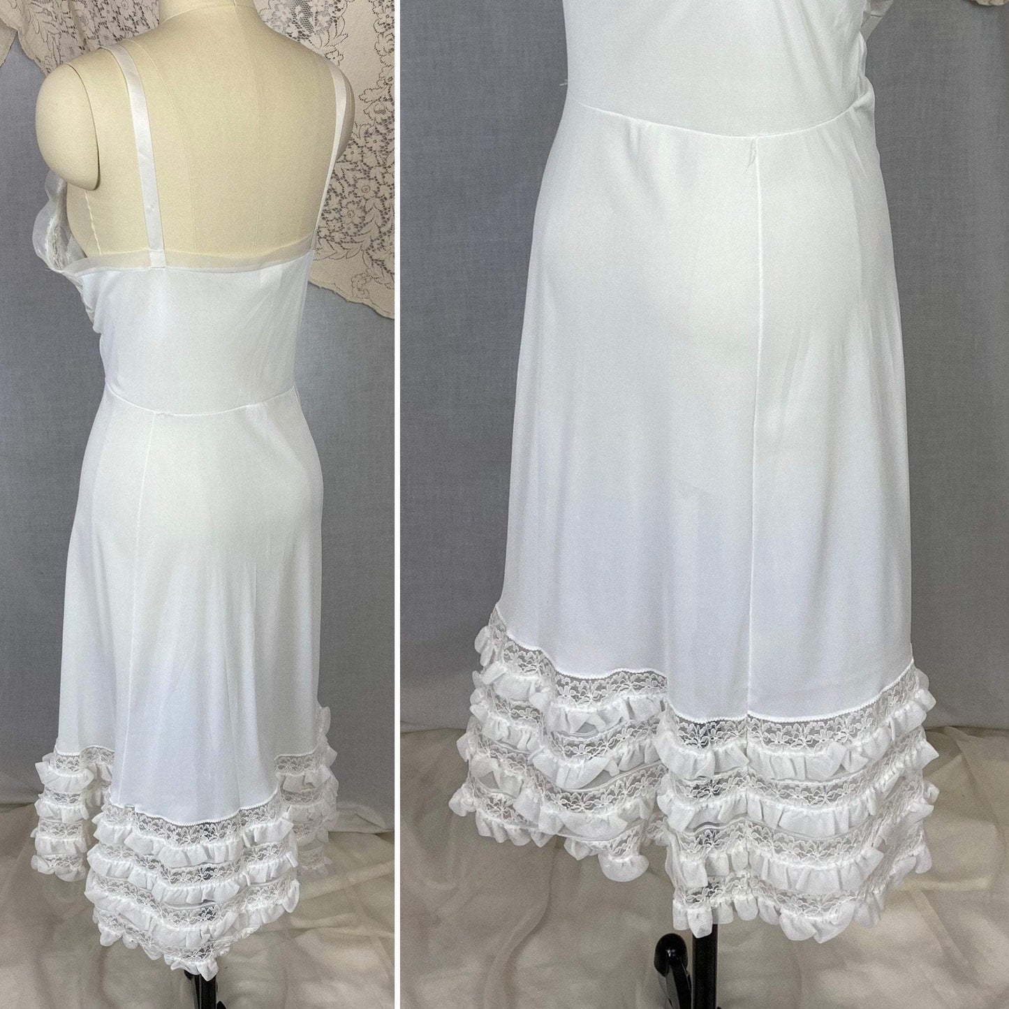 Vintage 1960's Slip | Bright White Nylon with Lace & Chiffon Ruffles | Size 38-42 Bust, M/LG | Glencraft -Never Worn - Daggers & Dames