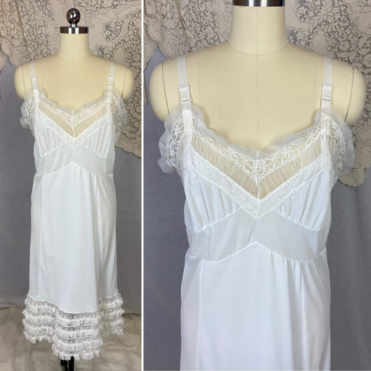 Vintage 1960's Slip | Bright White Nylon with Lace & Chiffon Ruffles | Size 38-42 Bust, M/LG | Glencraft -Never Worn - Daggers & Dames