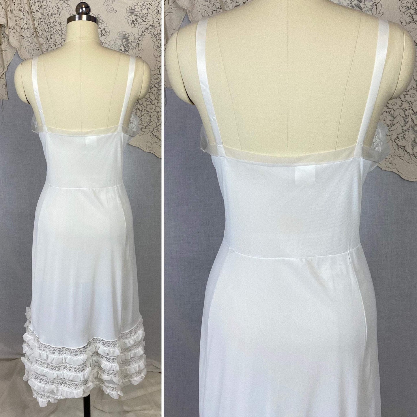Vintage 1960's Slip | Bright White Nylon with Lace & Chiffon Ruffles | Size 38-42 Bust, M/LG | Glencraft -Never Worn - Daggers & Dames