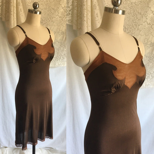 Vintage 1960's Slip | Mocha Brown Rayon with Mesh Netting & Bias Cut | Size XS - Daggers & Dames