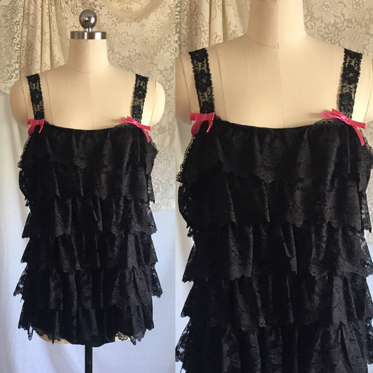 Vintage 1960's Teddy Romper | Black Nylon Lace Ruffles with Hot Pink Bows | New with Tags | Jeri Morton | Size M - Daggers & Dames