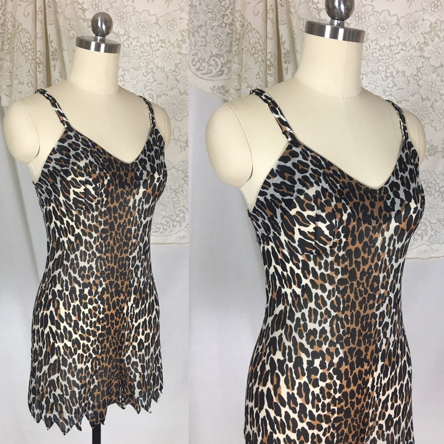 Vintage 1960's Teddy Romper | Size XS, SM | Leopard Jungle Print Nylon with Jagged Hem | Vanity Fair - Daggers & Dames