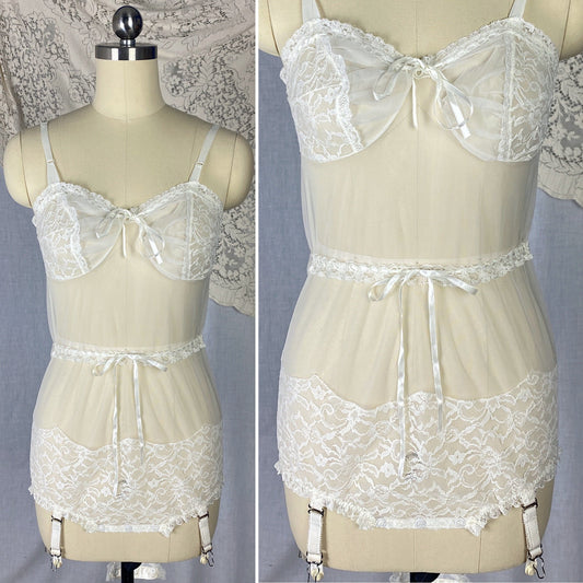 Vintage 1960's Teddy | Sheer White Nylon chiffon with Lace & Detachable Garters | Size XS, S | Glydon's of Hollywood - Daggers & Dames