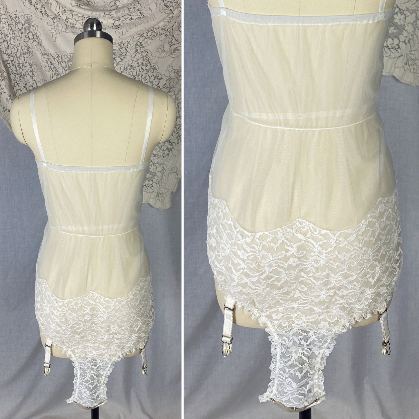 Vintage 1960's Teddy | Sheer White Nylon chiffon with Lace & Detachable Garters | Size XS, S | Glydon's of Hollywood - Daggers & Dames