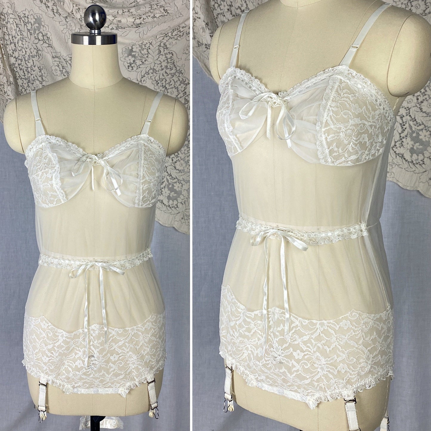 Vintage 1960's Teddy | Sheer White Nylon chiffon with Lace & Detachable Garters | Size XS, S | Glydon's of Hollywood - Daggers & Dames