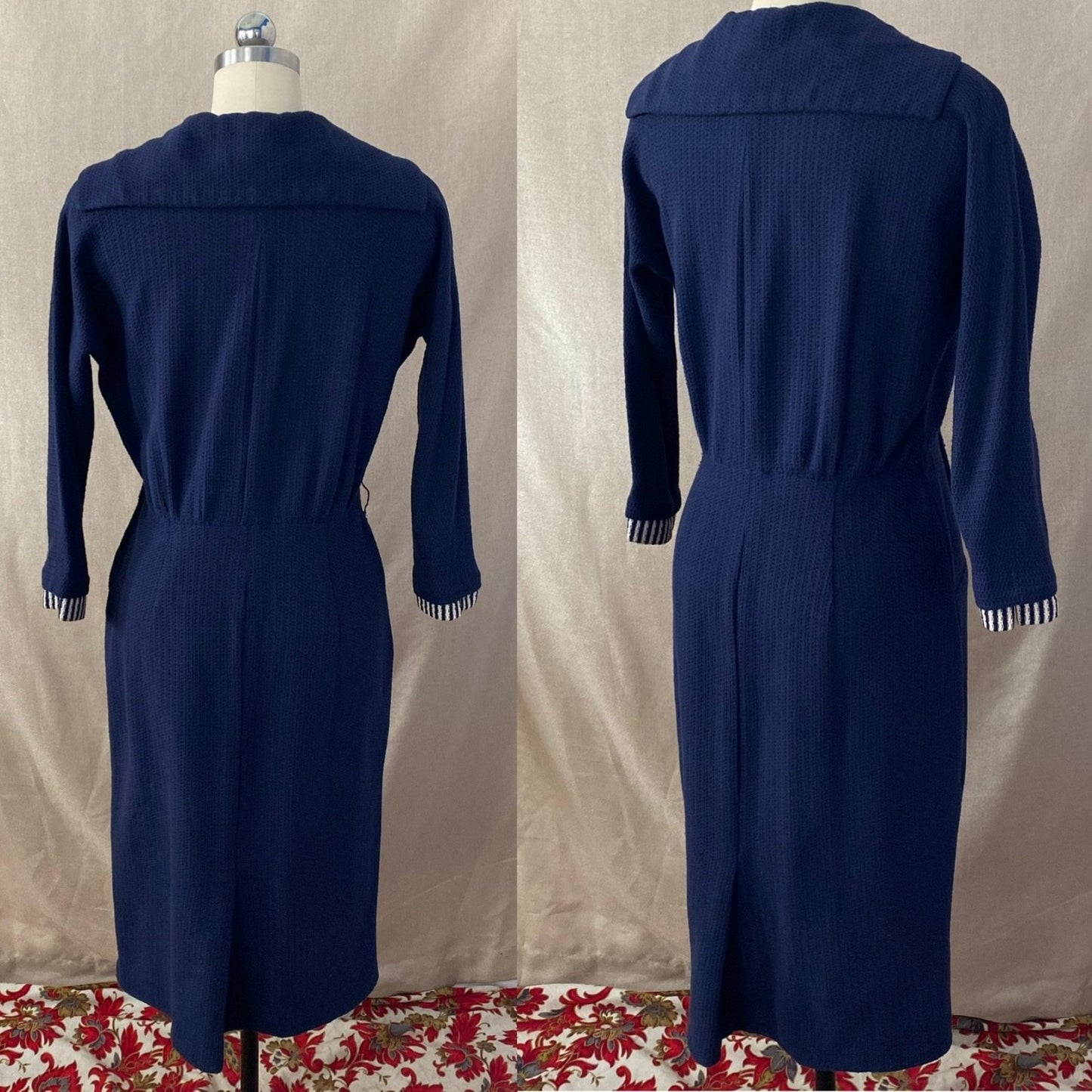 Vintage 1960's Wiggle Dress | Nay Blue Cotton Knit with White Nautical Stripes | Size S, M | Bobbie Brooks - Daggers & Dames