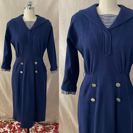 Vintage 1960's Wiggle Dress | Nay Blue Cotton Knit with White Nautical Stripes | Size S, M | Bobbie Brooks - Daggers & Dames