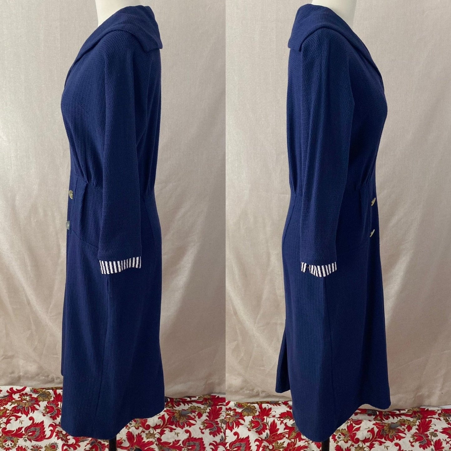 Vintage 1960's Wiggle Dress | Nay Blue Cotton Knit with White Nautical Stripes | Size S, M | Bobbie Brooks - Daggers & Dames