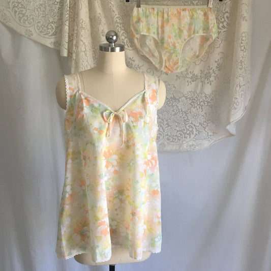 Vintage 1970's Babydoll & Panty Set | Sheer White with Watercolor Floral Pattern and Lace | New Old Stock Lingerie | Size M - Daggers & Dames