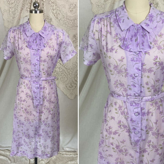 Vintage 1970's Does 1940's Midi Dress | Semi Sheer Lavender Purple Cotton with Floral Print | Size XS, S, M | British Lady - Daggers & Dames