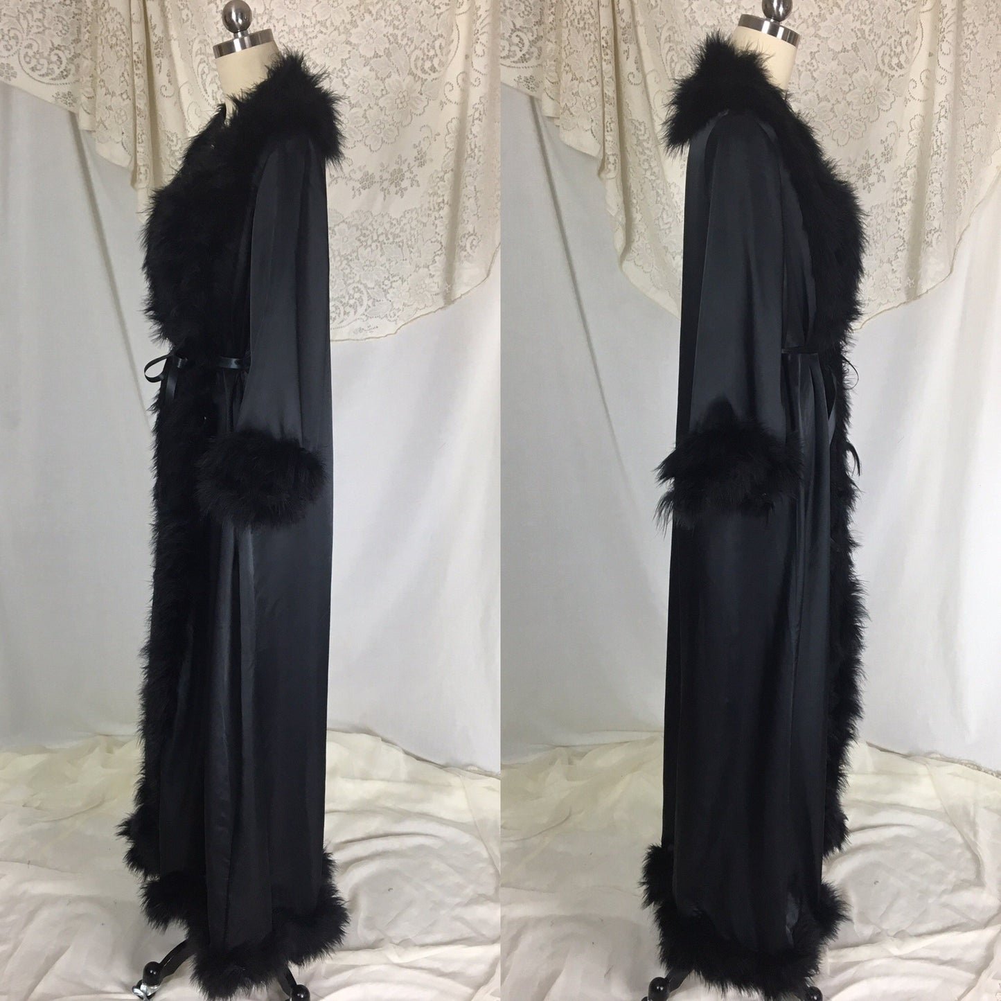Vintage 1970's Dressing Robe | Black Satin with Marabou Feathers & Ribbon Tie | Claire Haddad | Size SM, MED - Daggers & Dames