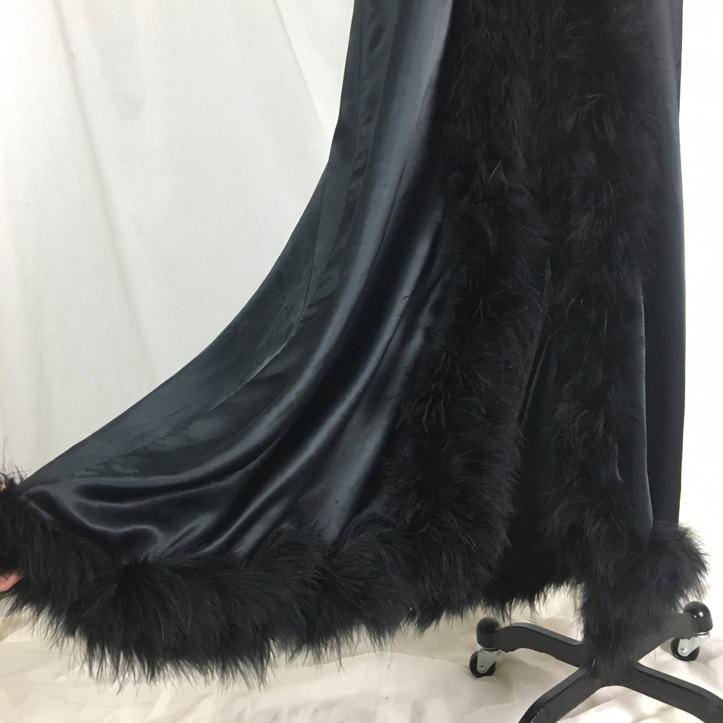 Vintage 1970's Dressing Robe | Black Satin with Marabou Feathers & Ribbon Tie | Claire Haddad | Size SM, MED - Daggers & Dames