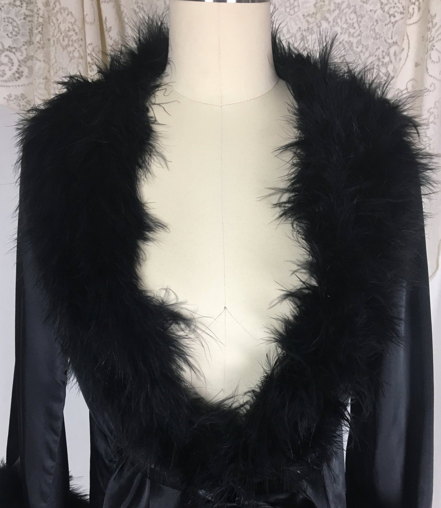 Vintage 1970's Dressing Robe | Black Satin with Marabou Feathers & Ribbon Tie | Claire Haddad | Size SM, MED - Daggers & Dames