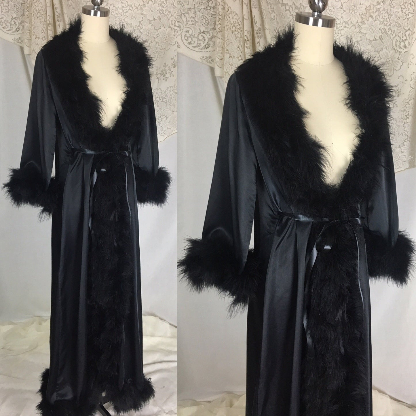 Vintage 1970's Dressing Robe | Black Satin with Marabou Feathers & Ribbon Tie | Claire Haddad | Size SM, MED - Daggers & Dames