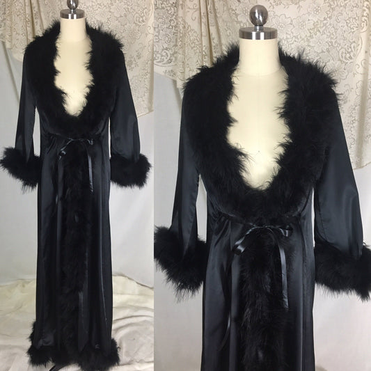 Vintage 1970's Dressing Robe | Black Satin with Marabou Feathers & Ribbon Tie | Claire Haddad | Size SM, MED - Daggers & Dames