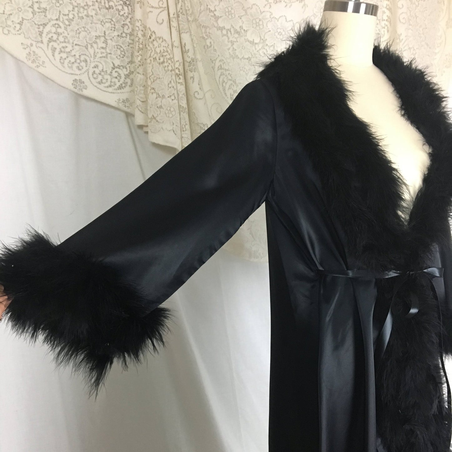 Vintage 1970's Dressing Robe | Black Satin with Marabou Feathers & Ribbon Tie | Claire Haddad | Size SM, MED - Daggers & Dames