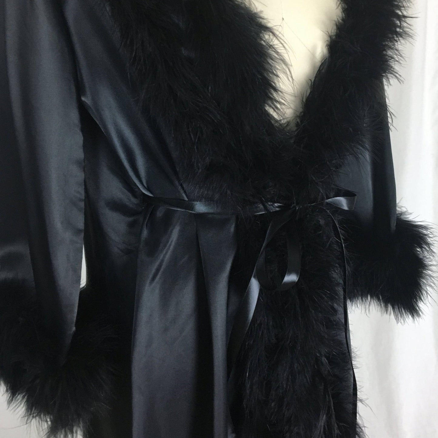 Vintage 1970's Dressing Robe | Black Satin with Marabou Feathers & Ribbon Tie | Claire Haddad | Size SM, MED - Daggers & Dames