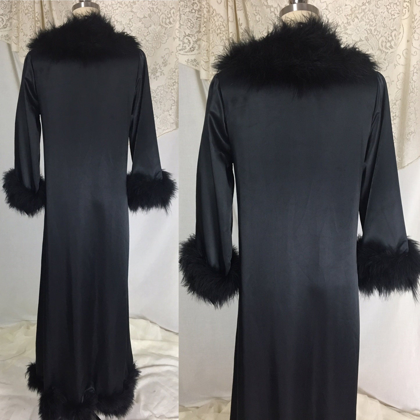 Vintage 1970's Dressing Robe | Black Satin with Marabou Feathers & Ribbon Tie | Claire Haddad | Size SM, MED - Daggers & Dames