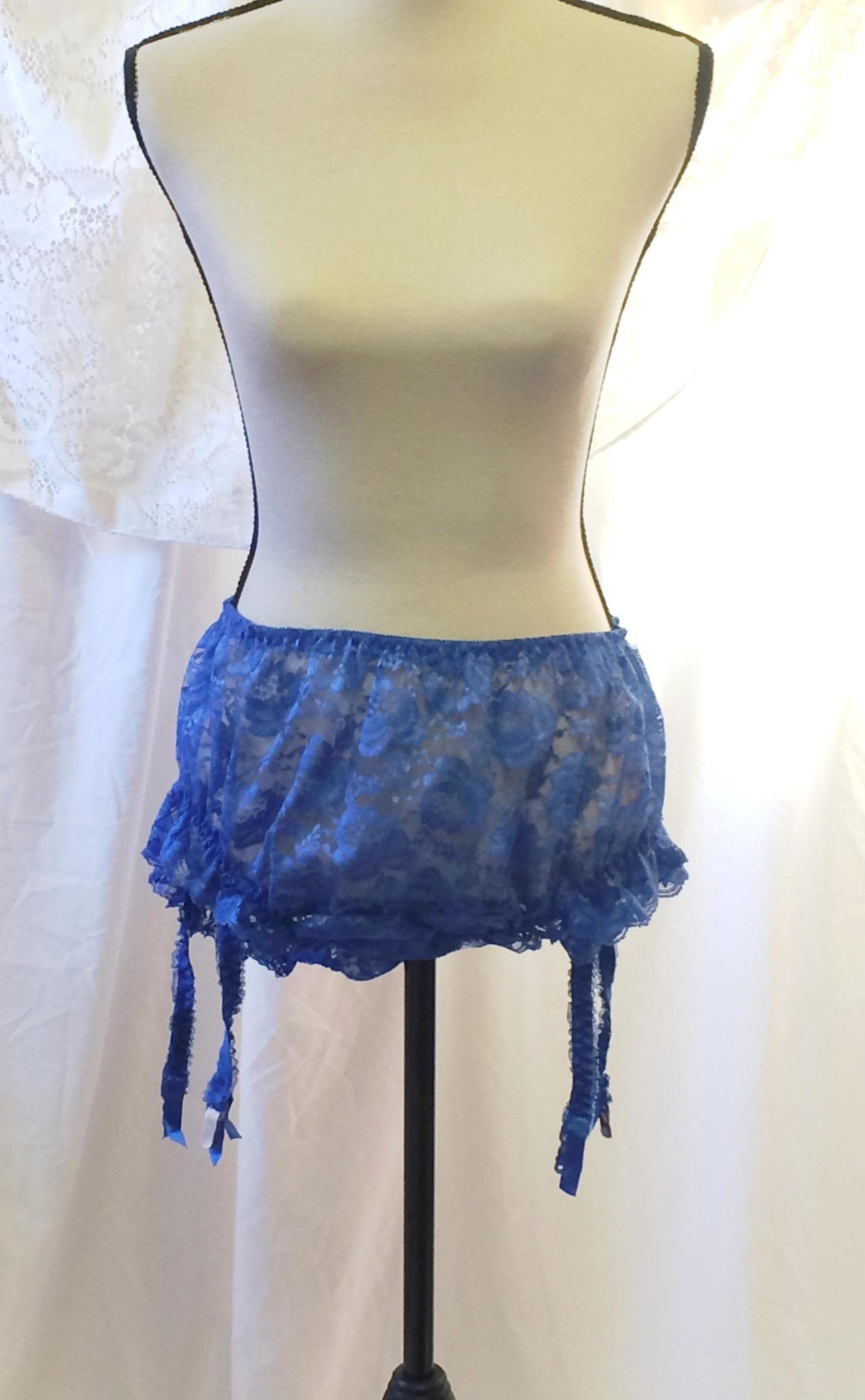 Vintage 1970's Garter Panties | Blue Nylon & Polyester with Satin Ribbons | Ruffled Leg | Size XXLG - Daggers & Dames
