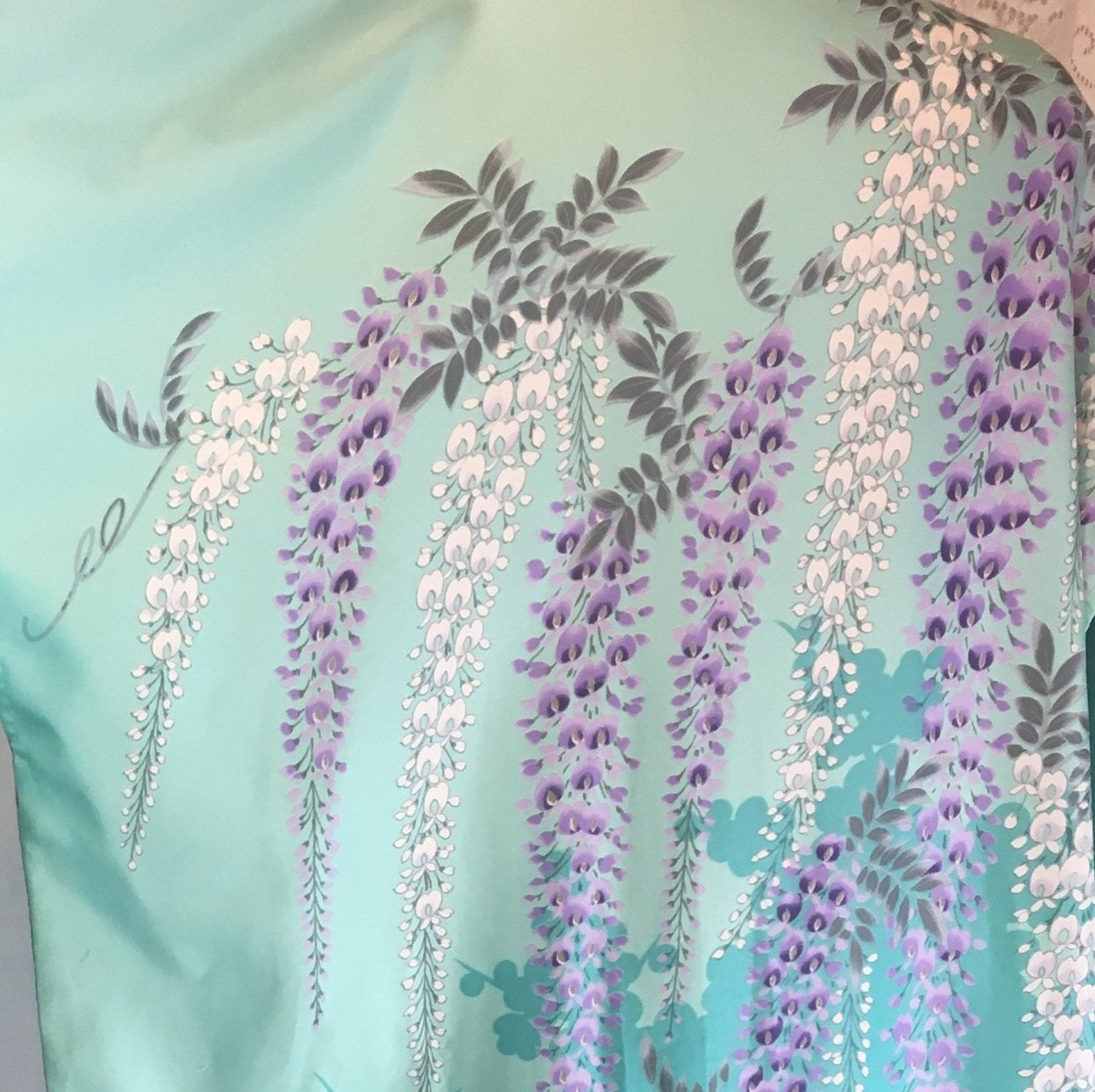 Vintage 1970's Kimono Robe | Light & Turquoise Blue Polyester Satin with Purple Wisteria Print | Size Free - Daggers & Dames
