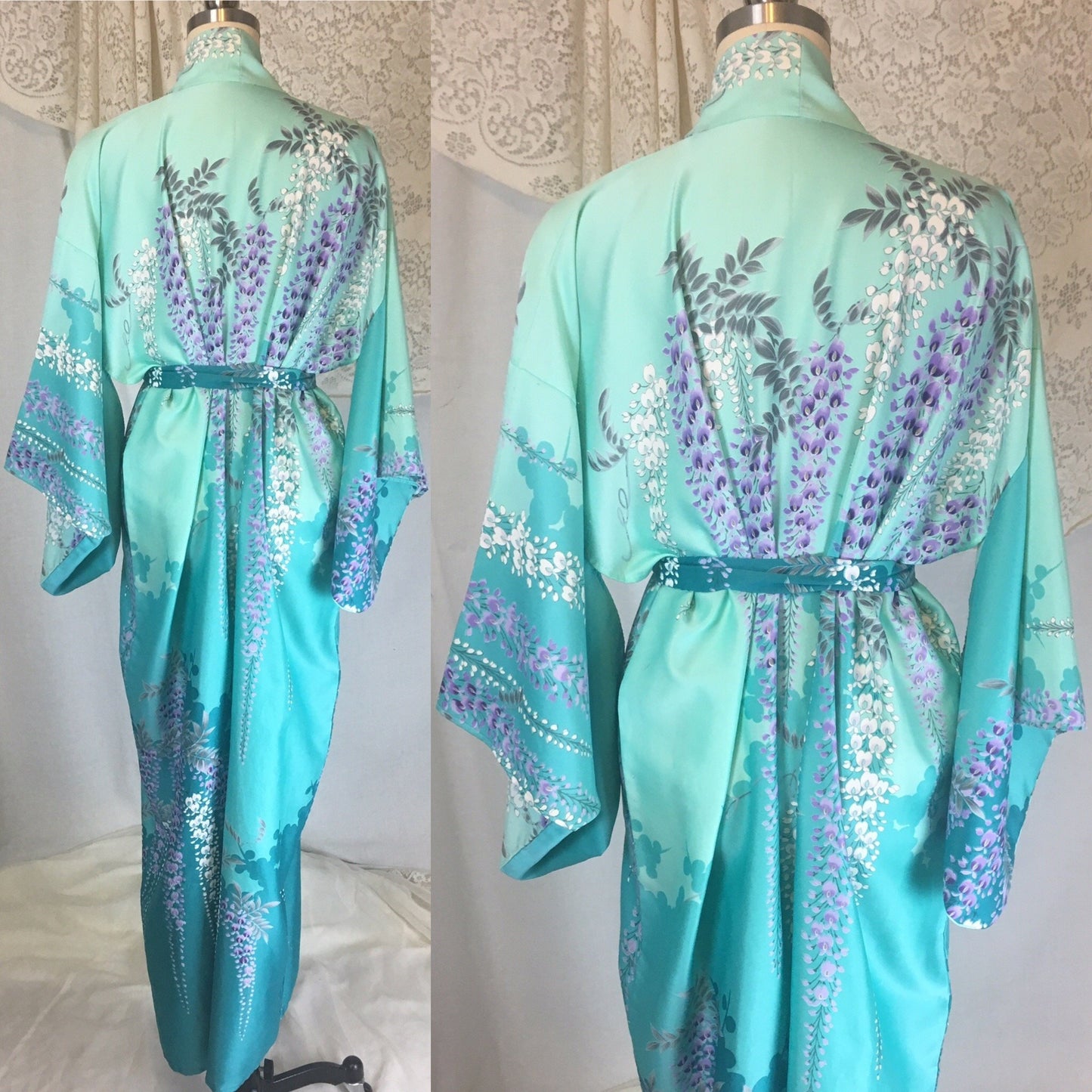 Vintage 1970's Kimono Robe | Light & Turquoise Blue Polyester Satin with Purple Wisteria Print | Size Free - Daggers & Dames