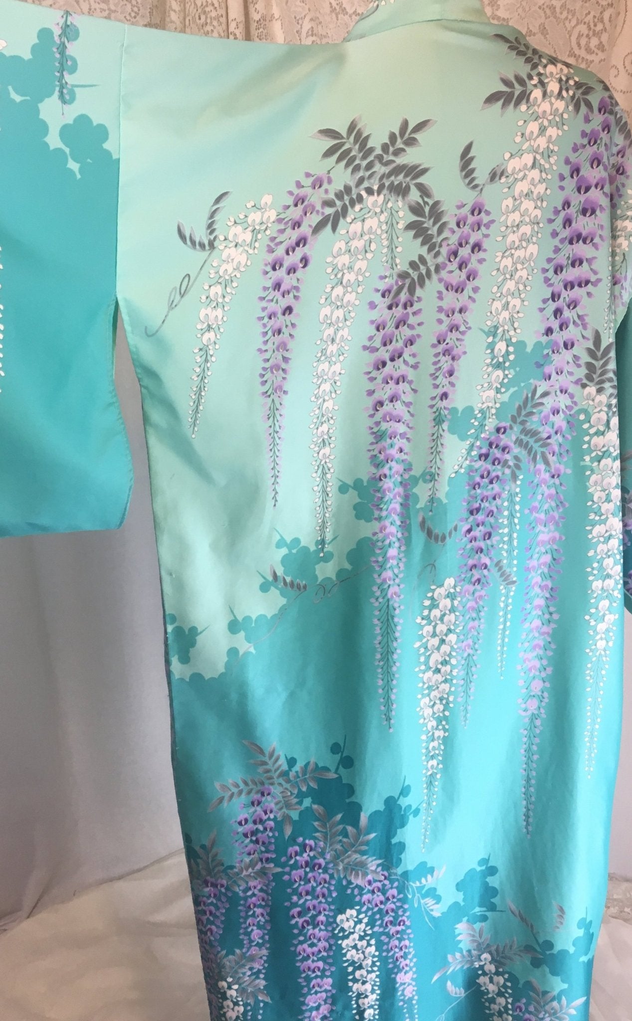 Vintage 1970's Kimono Robe | Light & Turquoise Blue Polyester Satin with Purple Wisteria Print | Size Free - Daggers & Dames