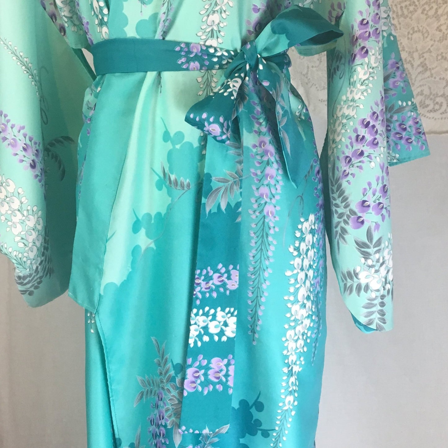 Vintage 1970's Kimono Robe | Light & Turquoise Blue Polyester Satin with Purple Wisteria Print | Size Free - Daggers & Dames