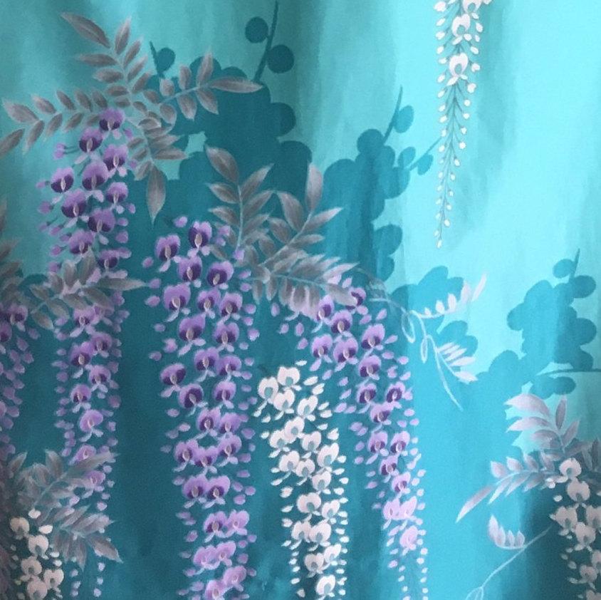 Vintage 1970's Kimono Robe | Light & Turquoise Blue Polyester Satin with Purple Wisteria Print | Size Free - Daggers & Dames