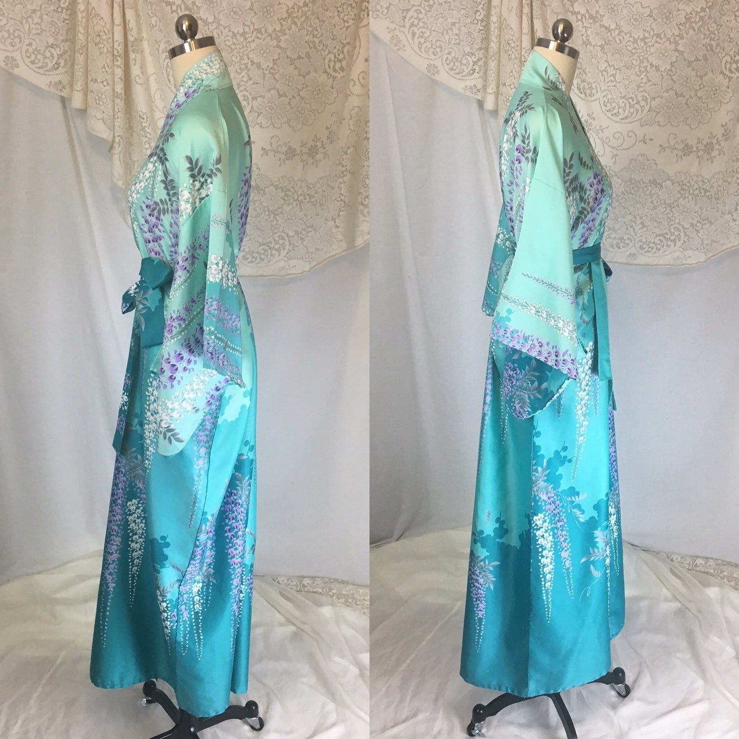 Vintage 1970's Kimono Robe | Light & Turquoise Blue Polyester Satin with Purple Wisteria Print | Size Free - Daggers & Dames