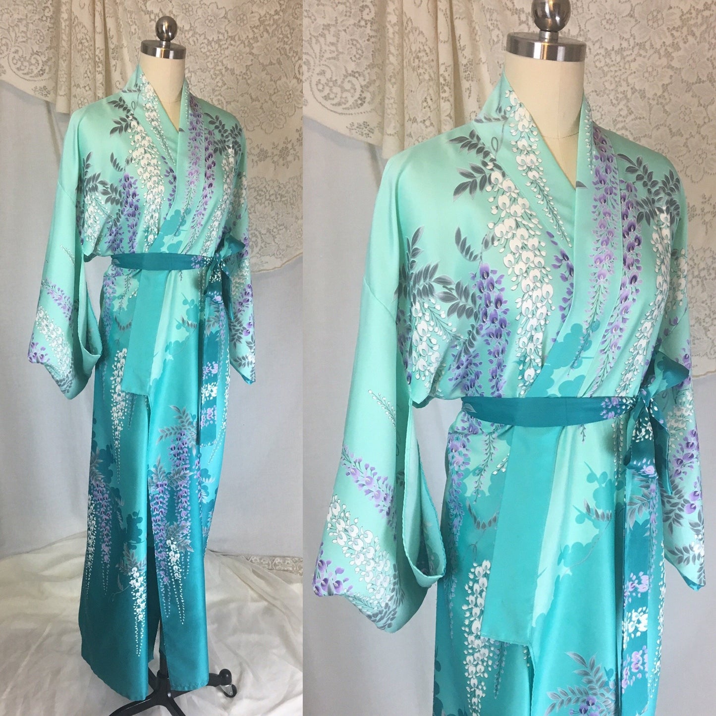 Vintage 1970's Kimono Robe | Light & Turquoise Blue Polyester Satin with Purple Wisteria Print | Size Free - Daggers & Dames
