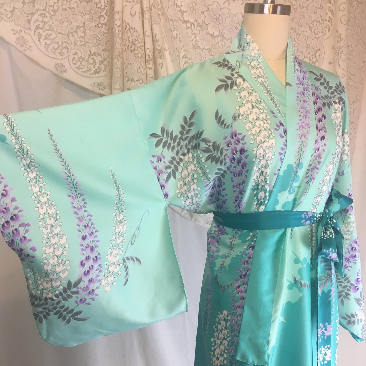 Vintage 1970's Kimono Robe | Light & Turquoise Blue Polyester Satin with Purple Wisteria Print | Size Free - Daggers & Dames