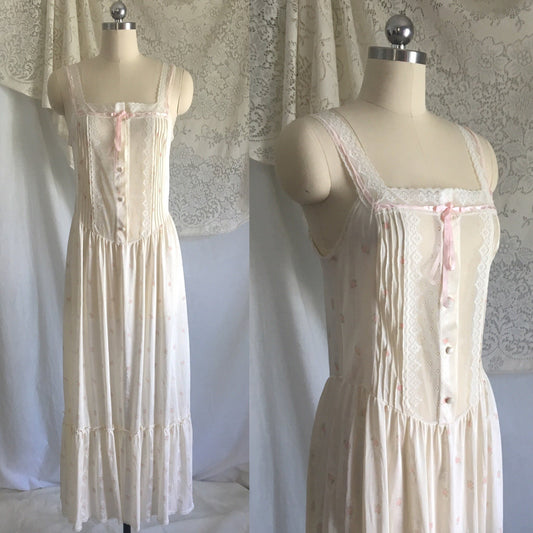 Vintage 1970's Nightgown | Ivory Nylon with Pink Floral Pattern & Sheer Lace Bodice | Miss Elaine | Size S - Daggers & Dames
