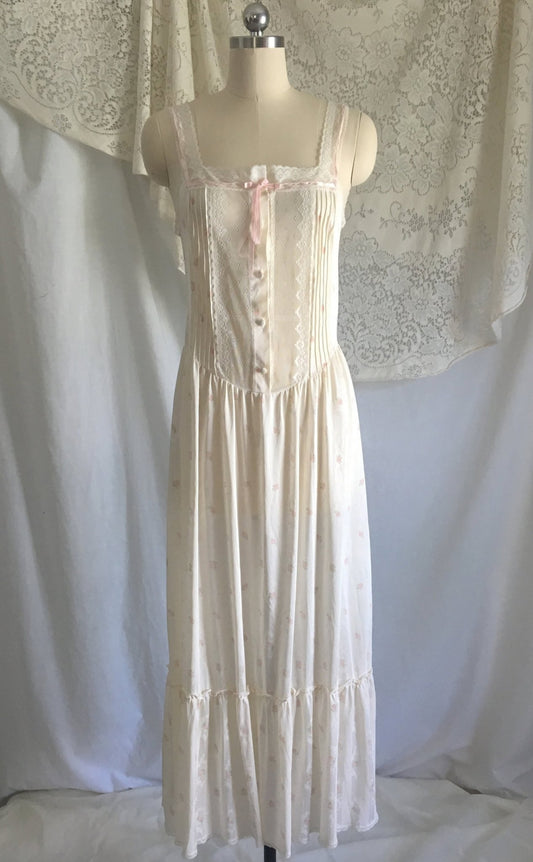 Vintage 1970's Nightgown | Ivory Nylon with Pink Floral Pattern & Sheer Lace Bodice | Miss Elaine | Size S - Daggers & Dames
