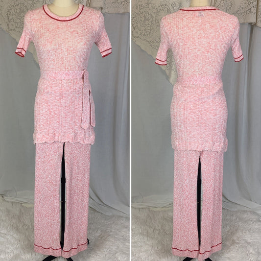 Vintage 1970's Pajama Set | 3 Piece Pink & White Calico Sweater Knit | Size S, M | Beeline - Daggers & Dames